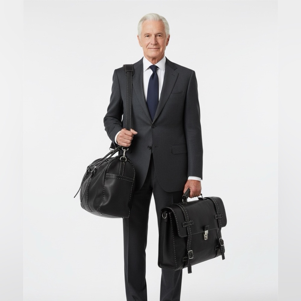 FENDI Black Leather Briefcase with Stitch Detail
